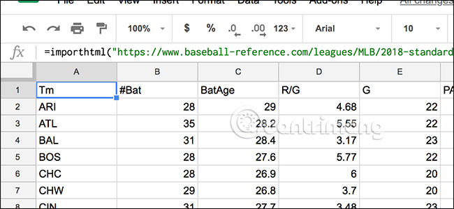 Nhập bảng dữ liệu từ trang web vào bảng tính