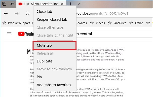 Tắt âm thanh tab Microsoft Edge