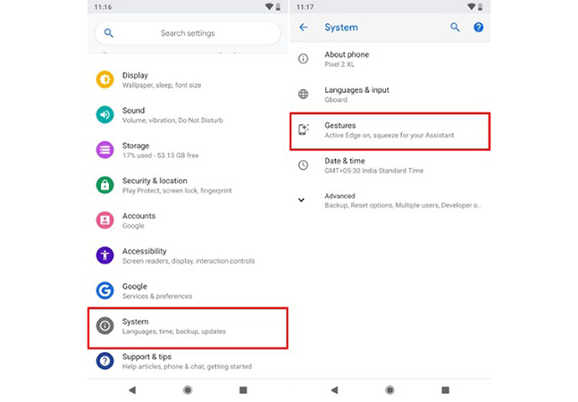 Truy cập vào Settings > System > Gestures