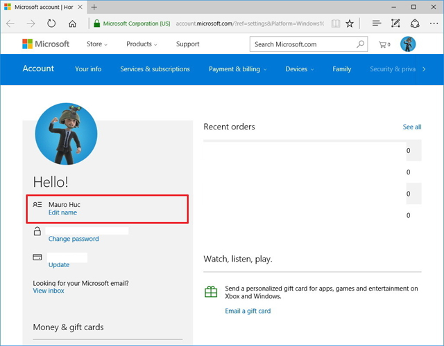 Thay đổi tên tài khoản Microsoft