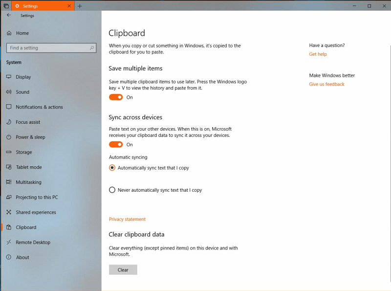 Các lựa chọn thiết lập trên Windows Clipboard