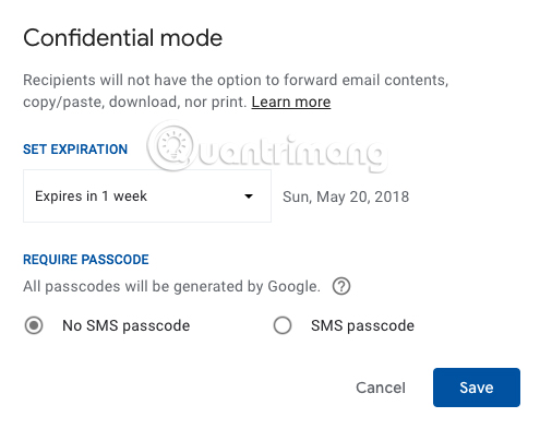 Chọn thời gian hết hạn email