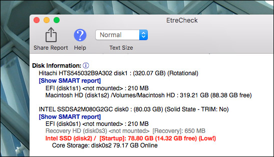 Ví dụ khi EtreCheck quét ổ đĩa cứng 