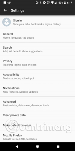 Chọn Privacy trên Firefox