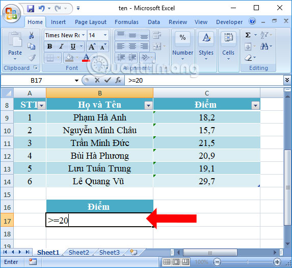 Nhấn chọn tab Data