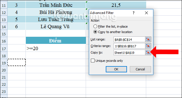 Kết quả lọc dữ liệu