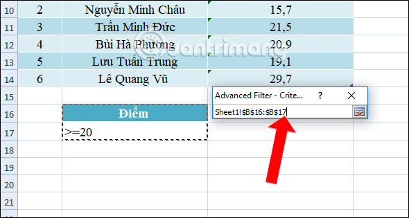 Chọn vùng điều kiện lọc