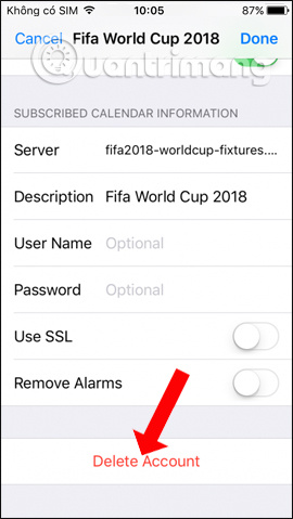 Xóa lịch World Cup 2018 iPhone 