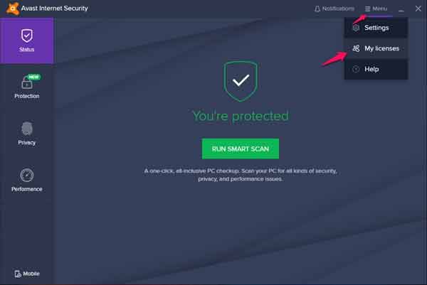 Click vào Menu - My licenses