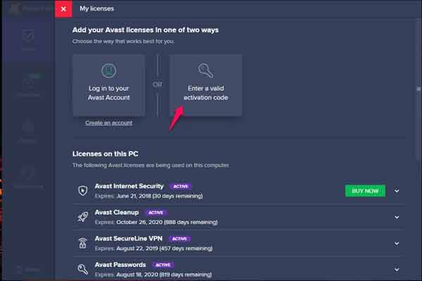 Sau đó nhấn vào Enter a valid activation code biểu tượng chiếc chìa khóa