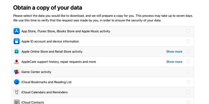 Những dữ liệu liên quan đến Apple ID mà bạn có thể tải về