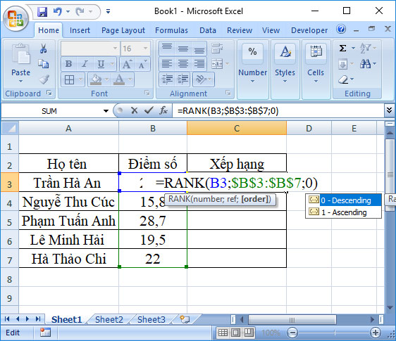 Công thức xếp hạng thấp dần 