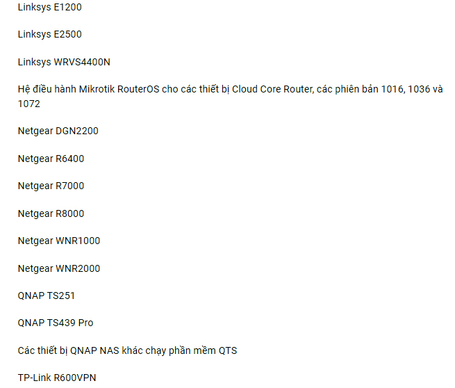 Những thiết bị router đã bị mã độc VPNFilter tấn công