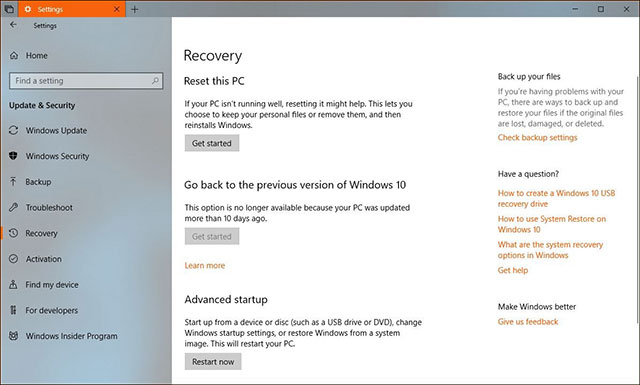 Quay trở lại bản Windows 10 trước khi cập nhật