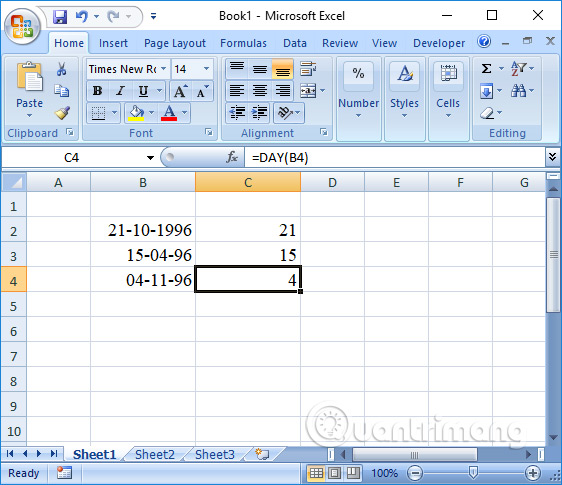 Kết quả hàm DAY Excel