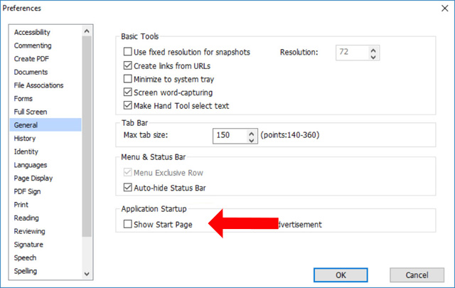 Tắt Start Page file PDF 