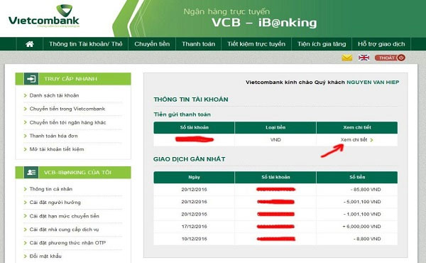 Nhấn Xem chi tiết để kiểm tra số dư tài khoản Vietcombank