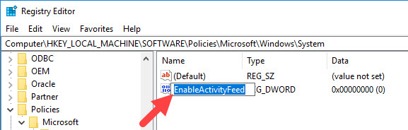 Đặt tên giá trị "EnableActivityFeed