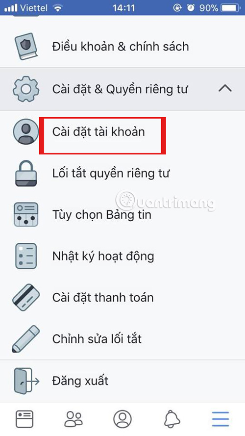 Vào cài đặt tài khoản 