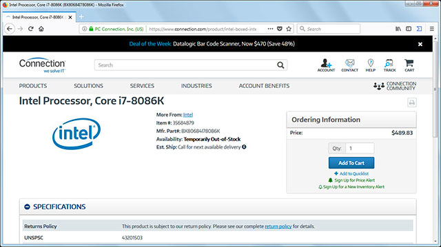 Hình ảnh đăng tải sản phẩm i7 8086K của Intel