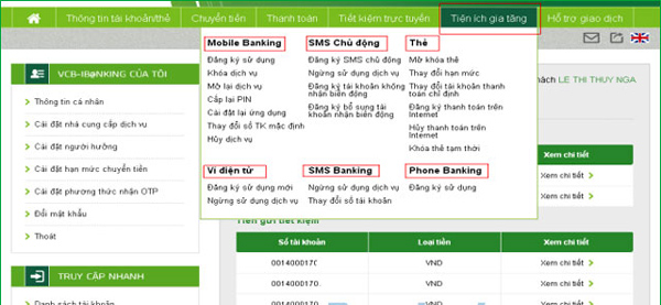 Mục tiện ích gia tăng trong Internet Banking Vietcombank