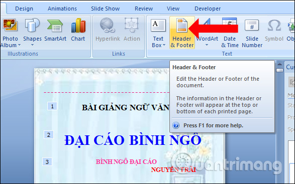 Nhấn chọn Header & Footer
