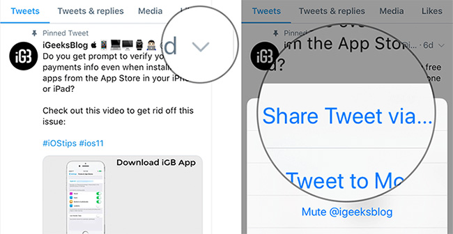 Nhấn vào mũi tên chỉ xuống và chọn Share Tweet via