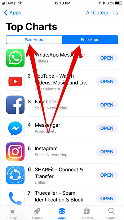 Chọn Paid Apps hoặc Free Apps để xem danh sách ứng dụng tương ứng
