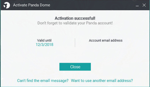 Thông báo đăng ký bản quyền miễn phí Panda Dome Complete thành công