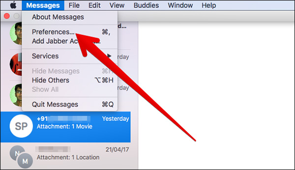 Mở Preferences của Messages trên macOS