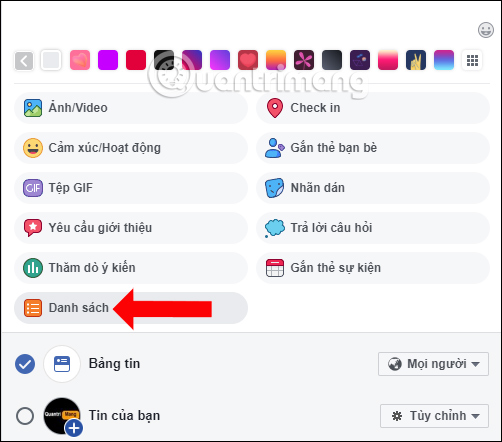 Nhấn chọn mục Danh sách 
