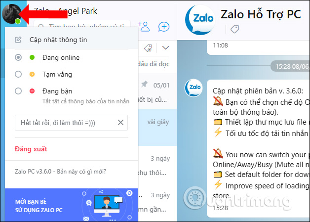 Zalo trên PC thực sự là một lựa chọn tuyệt vời cho những ai thường xuyên làm việc trên máy tính. Cập nhật mới giúp người dùng dễ dàng đổi trạng thái, cập nhật thông tin mới nhất của mình trên tài khoản Zalo. Hãy dùng Zalo trên PC và tận hưởng sự tiện lợi của nó.