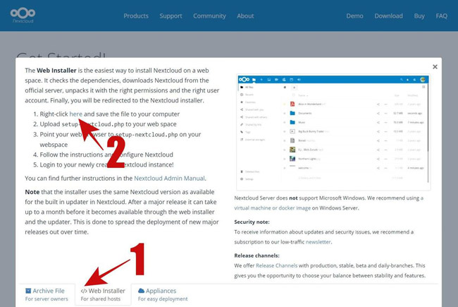 Chuyển sang tab web installer