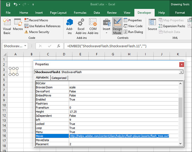Ví dụ về việc đối tượng Flash từ xa được nhúng trong văn bản Office