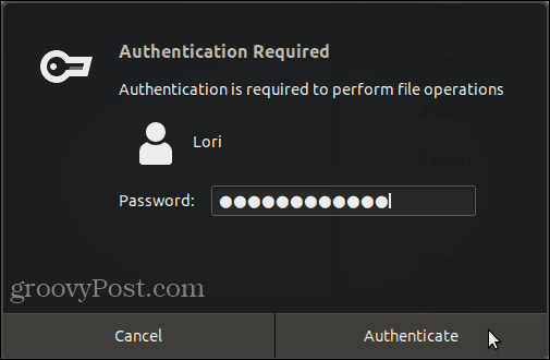 Nhập mật khẩu vào Authentication Required