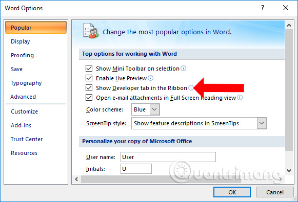 Hiển thị tab Developer trên Word 2010