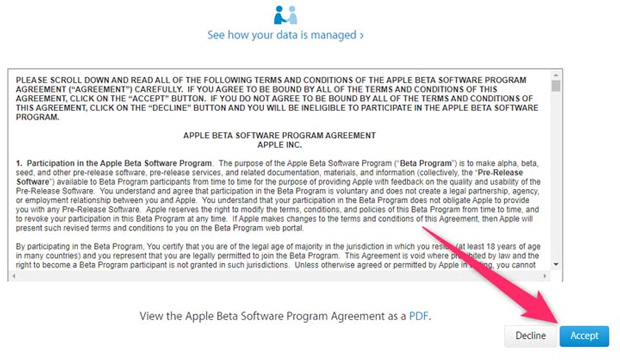 Chấp nhận điều khoản sử dụng phần mềm beta