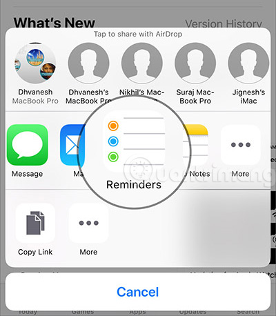 Chọn chia sẻ ứng dụng với Reminders