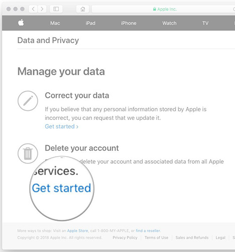 Nhấp vào Get started để bắt đầu xóa Apple ID