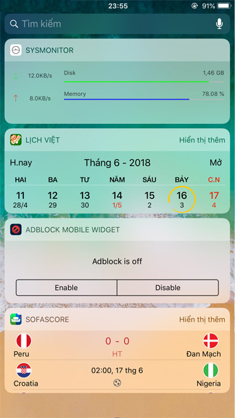 Thêm lịch thi đấu World Cup 2018 vào widget tiện ích 9