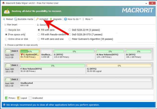 Tại giao diện của Macrorit Data Wiper Pro kích vào Activate!