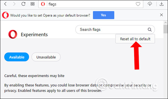 Reset mặc định các tính năng