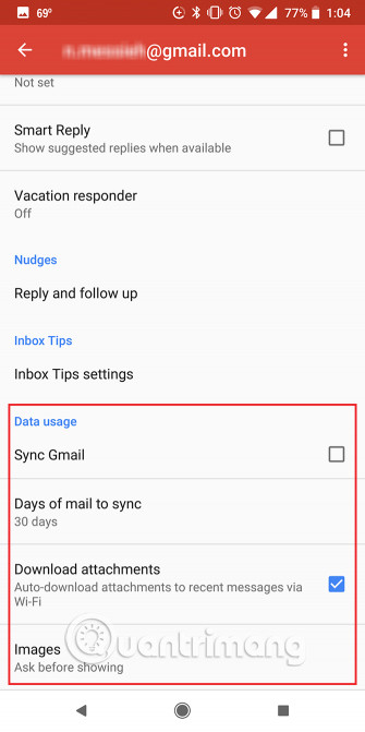 Bỏ chọn Sync Gmail