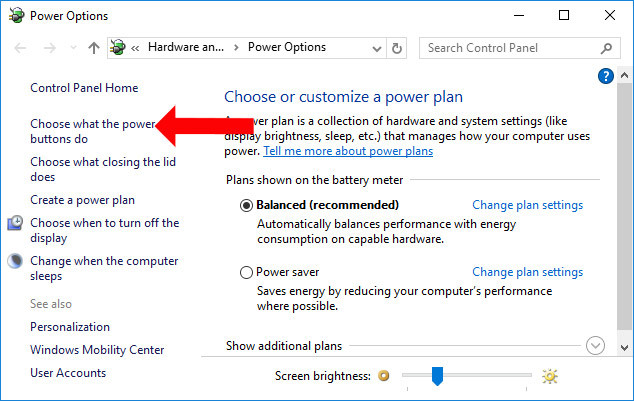 Giao diện Power Options