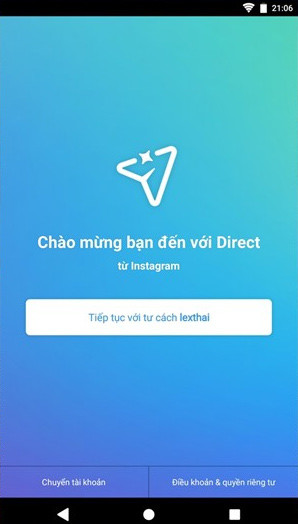 Direct sẽ kiểm tra và nhận diện tài khoản Instagram đang được sử dụng trên thiết bị
