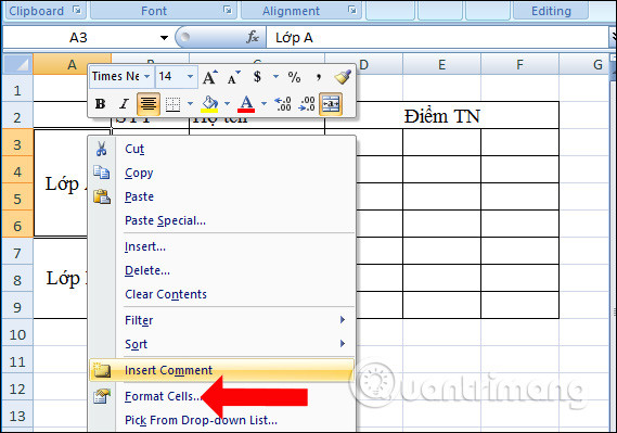 Nhấn chọn Format Cells 