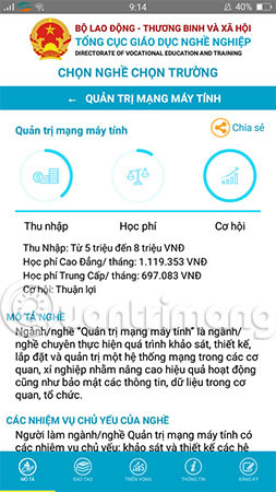 Ứng dụng sẽ cho bạn biết các ngành nhỏ bên trong