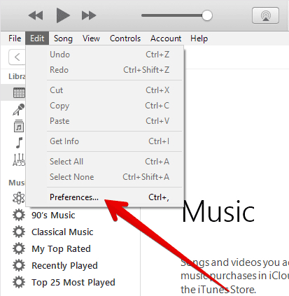 Vào Preferences trên iTunes PC