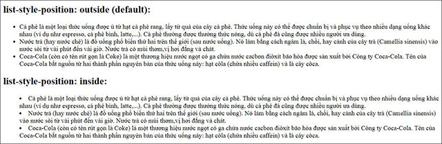 Ví dụ của danh sách bằng đặc tính đặt kí tự đầu dòng bên trong hoặc bên ngoài 