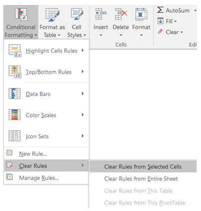 Chọn Clear Rules from Selected Cells